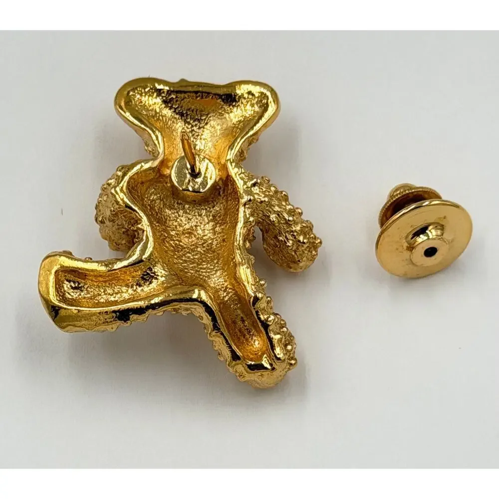 Vintage Avon Teddy Bear Pin Brooch, Gold Tone Metal, Red Enamel Bow